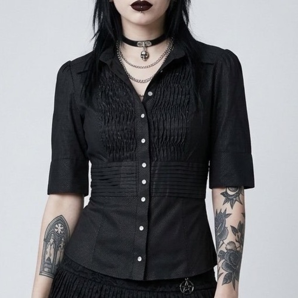 Vintage Bebe Alt Whimsigoth Top XS Black Silver Pinstripe Pleated Goth Punk